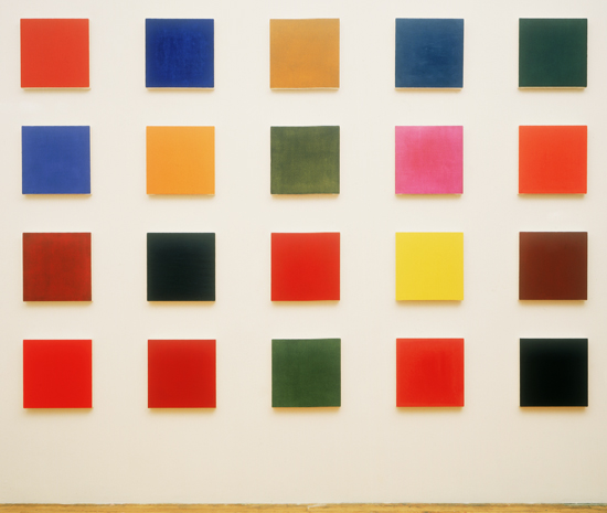 Marcia Hafif, Glaze Paintings, studio installation, 1995. Each oil on canvas, 22x22cm