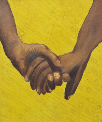 Sola Olulode, Hold My Hand, 2019. Oil and ink on canvas, 60 x 50 cm. Courtesy the artist.