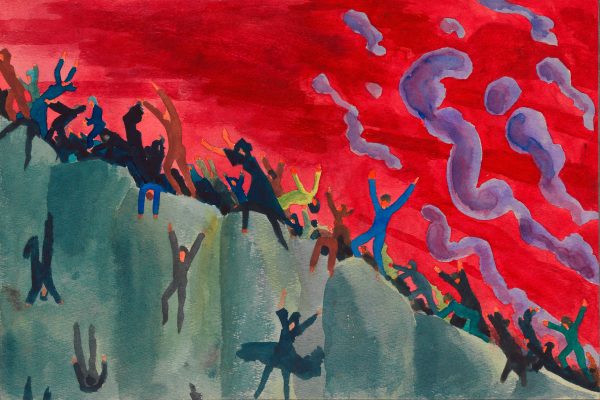 a painting of figures with arms outstretched climbing up and falling off a cliff face. the sky behind them is red