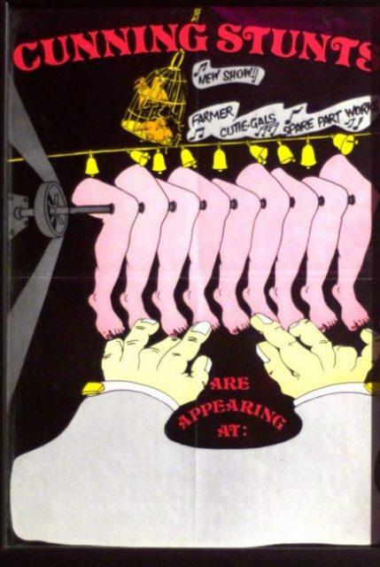 Poster for ‘Farmer-Cutie-Gals Spare Part Works’. Pink legs dangle from a spit, and a pair of hands reaches up towards them. Above the legs there is a line of bells on a string.
