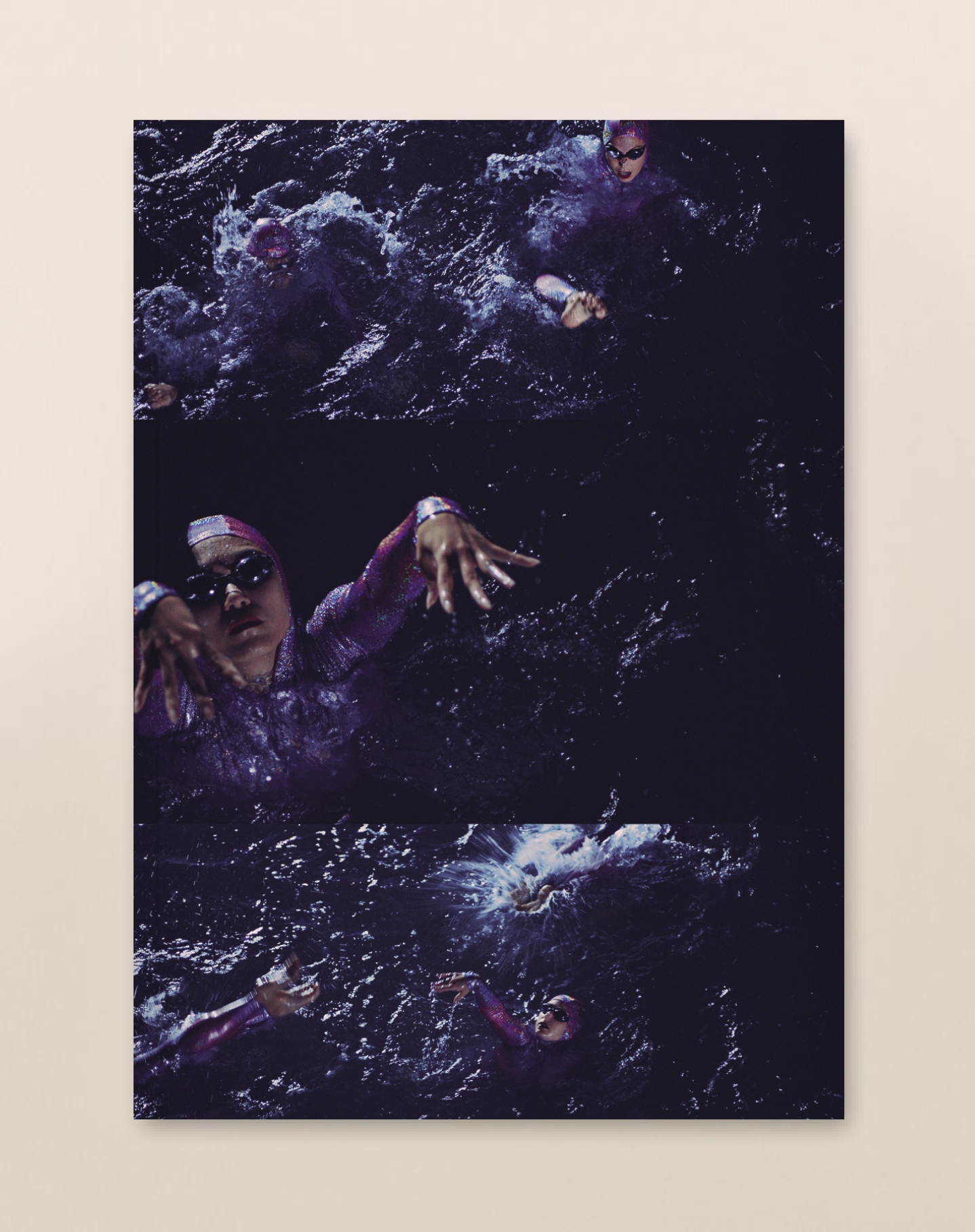 an image of Issue 33 of The White Review, featuring three film stills of swimmers in goggles and caps in dark water