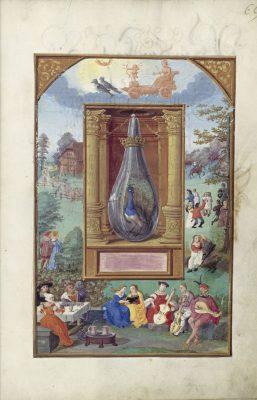 an illustrated page from a manuscript, with a peacock in a teardrop shaped glass container centred in a box, with people around it.