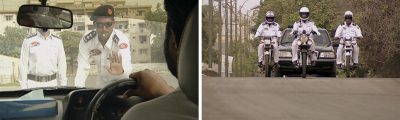 a film still of two frames side-by-side. on the left, a view from behind the driver's seat of a car that is being stopped by a police officer, whose palm is outstretched and who has a whistle in his mouth. He is wearing a white uniform with a black beret. On the right, a view of an approaching motorcade, led by three police motorcycles.