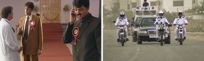 two film stills side-by-side. On the left, three men in suits wearing rosettes stand on a red carpet in front of a closed door. Two of the men are in conversation, and the third is speaking on the phone to the side. On the right frame, a motorcade led by three police motorcycles. a van at the back is visible, with an officer dressed in black standing out of the top of it.