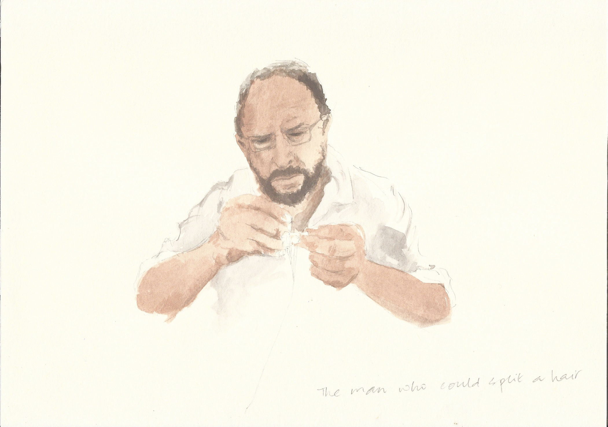 a watercolour drawing of a balding man wearing a white shirt splitting a hair