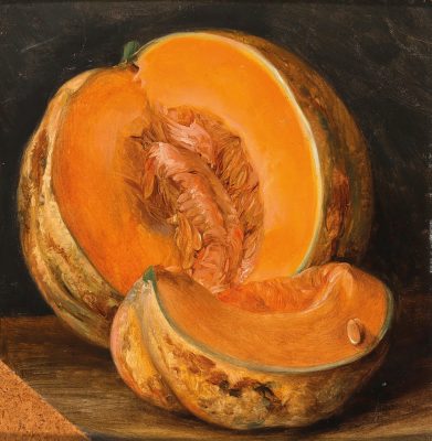 A painting of a small pumpkin, sliced open so that we can see the flesh and the seeds. The slice that was taken out is sitting next to it on a table.