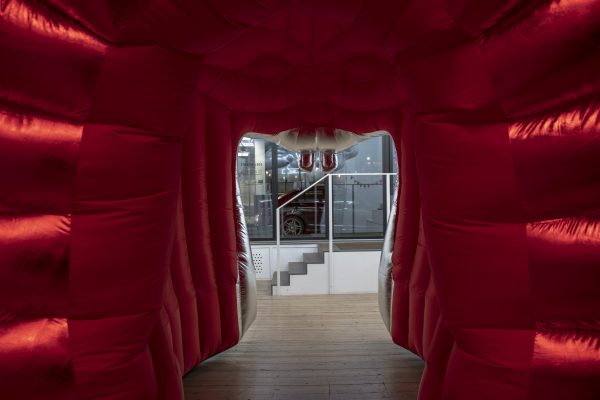 a photo taken looking out of the mouth of an inflatable rat's head from inside. The walls of the mouth are a metallic red, and two silvery teeth hang over the opening.